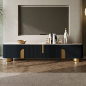 78.7" Modern TV Stand, Stone Top Media Console with 4 Doors in Black