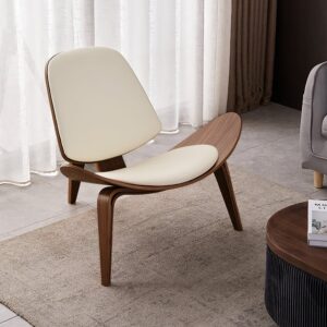 Walnut Tripod Accent Chair, White Leather Lounge Chair for Living Room