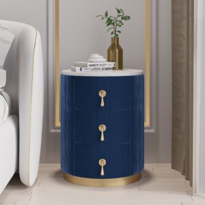 Blue Velvet Nightstand with Storage Stone Top Round Nightstand with 3 Drawers Set of 2