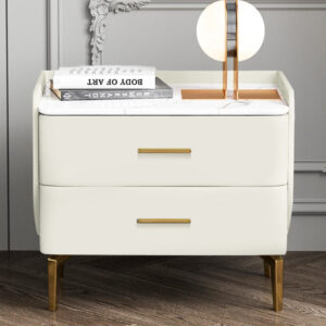 20.87-Inch Beige Nightstand with 2 Drawers, Wood Bedside Table,Sintered Stone Tabletop, MDF, Stainless Steel Legs