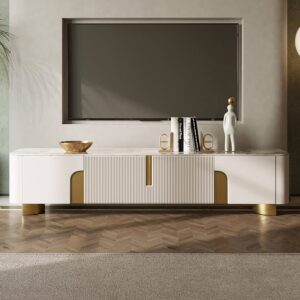 78.7" Modern TV Stand, Stone Top Media Console with 4 Doors in Beige