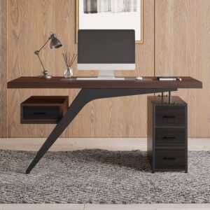 Modern 59" Black Computer Desk with Drawers & Shelf, Pine Wood for Office
