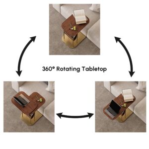 Rotating Walnut Side Table with Storage, Modern C-Shaped End Table for Living Room (19.7")