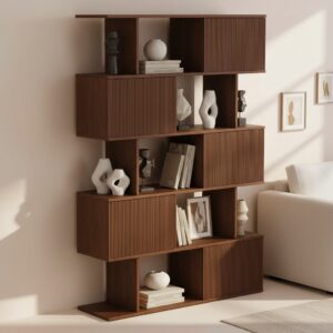 72.8" Walnut Sliding Door Etagere Bookshelf 5-Tier Storage Shelf Mid-Century Modern Style