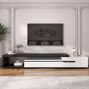 Modern Extendable TV Stand White & Black with Storage & Bookshelf & Drawer