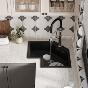 640mm Black Drop In Corner Kitchen Sink Modern Single Bowl Quartz Irregular Sink