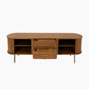 70.87"Mid-Century Modern TV Stand, Minimalist Wood Media Console with Roller Shutter Door, Tall-Cast Metal Legs, Ash Wood Veneer TV Console