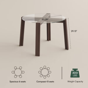 50" Round Glass Dining Table Set for 4, Mid-Century Modern Tempered Glass Top with Solid Pine Leg