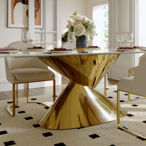 Modern White Sintered Stone Dining Table for 6, 71" Rectangular Table with Gold Pedestal Base
