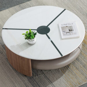 35"Round Modern Rotating Coffee Table,with Microcrystalline Stone Tabletop & Storage,Legs With wheels,Fully Assembled,White & Gray