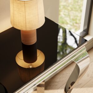 57’’ Luxury Rectangular Console Table with Glass Tabletop,Sturdy Metal Frame,Easy Assembly,Glossy Black & Sliver