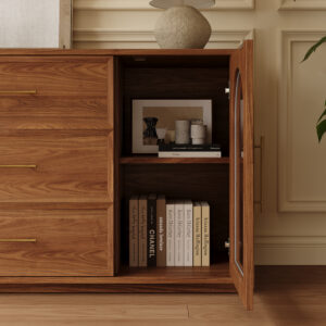 71‘’ Walnut Storage TV Stand with Glass Doors, Mid-Century Modern Credenza Media Console with 3 Drawers, Adjustable Shelves, Floor-Standing Storage Cabinet