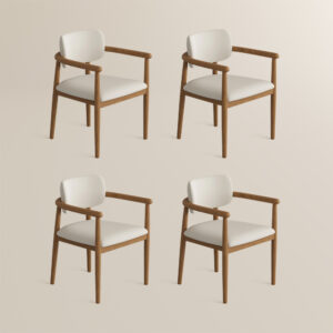 Mid-Century Modern Solid Wood Upholstered Dining Chair, Cotton Linen Dining Chair with Arms, Accent Chair for Living Room, Beige & Light Walnut