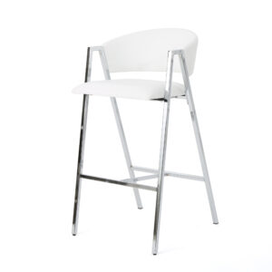 Modern Upholstered Low Back Bar Stools Set of 2, Bar Chairs with Arms & Footrest for Kitchen, White & Silver