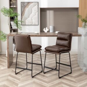 26'' Modern Upholstered Counter Height Bar Stools Set of 2, Faux Leather Counter Stools with Footrest, Bar Chairs for Kitchen Island, Antique Brown & Black