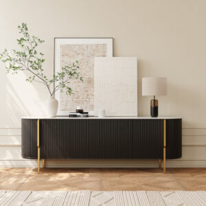 71" Modern Black Fluted TV Stand with Stone Top, Glossy Snow-Mountain Sintered Stone, Metal Legs, Adjustable Shelves Storage Cabinet