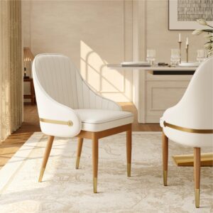 Modern Luxury Two-Tone Upholstered Dining Chairs Set of 2, Cotton Linen & Leather Side Chairs, Mixed Material Dining Chairs, Beige & Gray