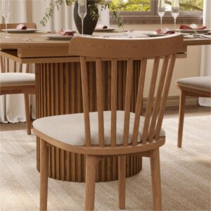 47" Mid-Century Vintage Round Dining Table with Glossy Sintered Stone Top and Walnut Fluted Pedestal Base, Classic Retro Design