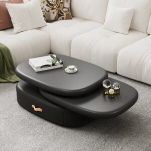 Oval Swivel Coffee Table, Black Engineered Wood Modern Table with Drawers(31.5"-43.3")
