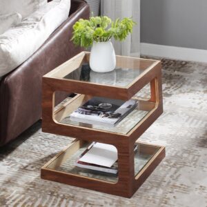 Modern Small Chair Side Table for Living Room - Glass & Wood End Table