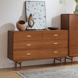 Mid Century Modern Dresser, Wood Dresser With 6-Drawer, Walnut Veneer, Tall-Cast Wood Legs, 35.43" H