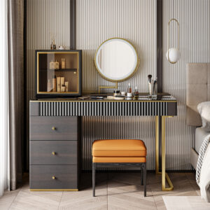 Mid-century Modern Makeup Vanity Table Set, LED Mirror, Tempered Glass Tabletop, 5 Drawers, Stool, Smoked Wood Veneer, 47.2", Easy Assembly