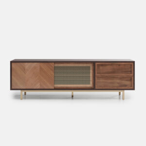 Mid-Century Modern Sliding TV Stand, Wood Entertainment Center with Drawers, Cabinets, Walnut Veneer, 78.7"