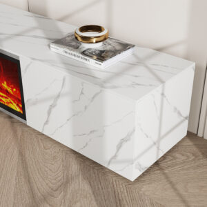 Modern Light Luxury Electric Fireplace TV Stand with LED Flame Effects, Adjustable in Multiple Colors, with 2 Drawers, Matte Sintered Stone, White, 94.49"