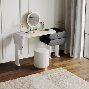 Modern Light Luxury Makeup Vanity Table Set, Wood Drawer, Stool, Plywood,White & Black