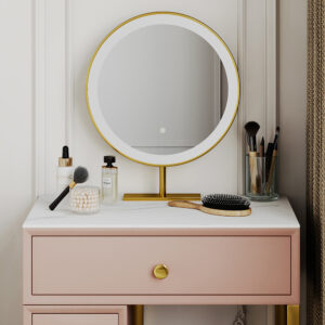 Modern Minimalist Makeup Vanity Table Set, Matte Sintered Stone Tabletop,with Drawer, Stool,Pink