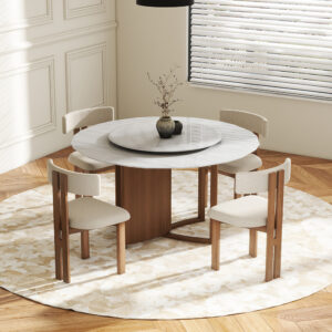 51"Modern Round Dining Table for 4 with Lazy Susan, Irregular Dining Tabletop, Stainless Steel and Wooden Base