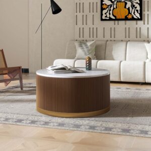 35.43'' Round Fluted Coffee Table, Wood Coffee Table with Sintered Stone, Fully Assembled, Walnut Color
