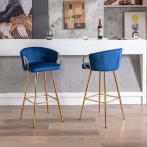 26'' Modern Luxury Counter Height Velvet Fabric Bar Stools Set of 2, Bar Chairs for Kitchen Island & Dining Room, Blue