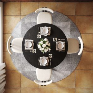 47" Mid-Century Modern Round Wood Dining Table for 4, Black Pedestal Dining Room Table, Black Solid Ash Wood Table Base