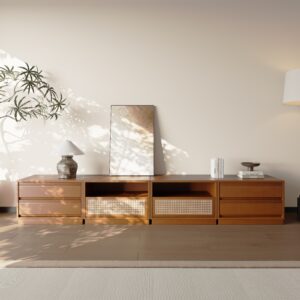 3 Pieces Mid-Centruy Modern Modular Cherry Wood Color Cabinets, Solid Wood Frame TV Stand, Living Room Cabinets,Media Console ,Fully-Assembled