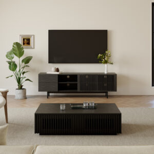 Mid-Century Modern TV Stand, Louvered Wood Entertainment Center with Slatted Doors, Open Storage,62.99"
