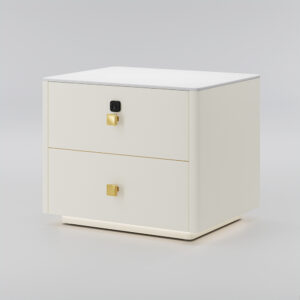 Modern Nightstand with Fingerprint Lock, 20" LED Bed Side Table with 2 drawers, Sintered Stone Countertop, Beige