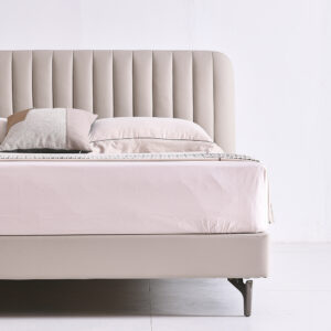 King Size Leather Upholstered Bed with Vertical Channel Headboard, Sturdy Platform Bed Frame  with Wooden Slat Support, No Box Spring Needed, Easy Assembly Noise Free