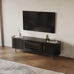 70.87" Mid-Century Modern Fluted TV Stand with Tambour Door, Black TV Console, Water-textured Glass Door Media Console