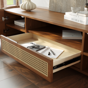 70.87" Mid-Century Modern Walnut TV Stand, Rattan Door Media Console, Plenty of Storage, Double Door Oval Entertainment Center, Fully Assembled