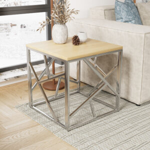 Modern Minimalist Wood Color Coffee Table, Wood Color MDF Table, Silver Stainless Steel Base