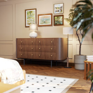 Modern 6 Drawers Dresser, 59" Wide Mid Century Chest of Drawers, Curved Profile Design, Dresser TV Stand, Wood Drawer Organizer for Bedroom, Living Room, Hallway, Plywood, Walnut Finish