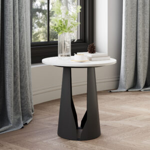17.32" Modern Round Side Table, Modern Sintered Stone End Table, Metal Base, White & Golden