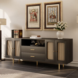 70.87"Mid-Century Black Rattan TV Stand with LED Lights, Modern Entertainment Center with Storage, High Legs Design