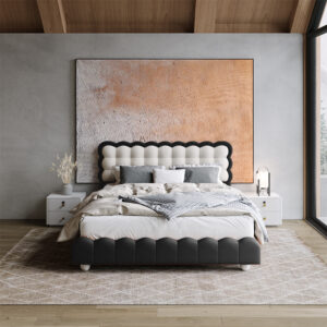 Waffle King Size Leather Upholstered Bed with Wooden Legs, Orange Sturdy Platform Frame with Wooden Slat Support, No Box Spring Needed, Easy Assembly
