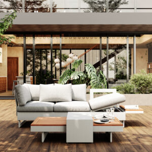 Modern 3 Seater Outdoor Sectional Sofa with Recliner and Side Table, Gray Metal Frame Outdoor Sofa with Snap-On Backrests and Side Table, Waterproof Fade Resistant Cushions Ideal for Patios & Yard, Right