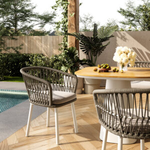 Modern Gray Wicker Outdoor Dining Chair Set of 4, Woven Rattan Chairs with Armrest & Cushions, Outdoor Seating for Outside, Lawn, Garden, Backyard, Indoor