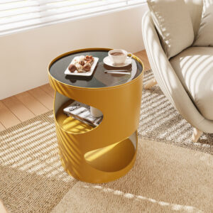 15.75" Modern Orange Side Table with Flowing Hollow Design, Saddle Leather Finish, and Gray Glass Top – Compact and Versatile Accent Table for Living Room, Bedroom, or Office, Fully Assembled, Orange