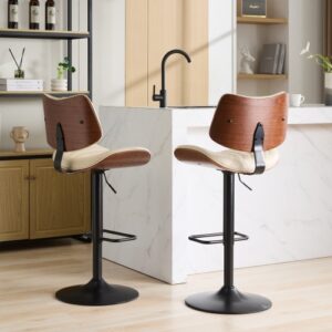 Mid-Century Modern Adjustable Swivel Bar Stools Set of 2, Leather Upholstered Bar Chairs, Beige & Walnut