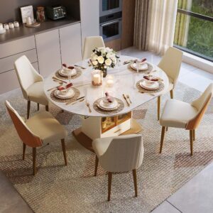 47"-59" Modern Luxury Extendable Round Dining Table for 4-6 People, White Sintered Stone Table with Storage, Glass Door & LED Lighting Base for Small Spaces & Modern Homes